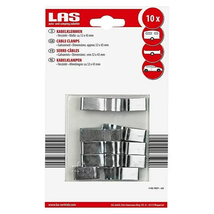 LAS Kabelklemme - 10 Stk. - Eine Packung mit 10 silberfarbenen, verzinkten Metall-Kabelklemmen, ca. 12x43 mm, für Auto und Camping.