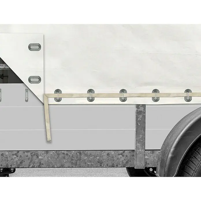 LAS Riemenkrampen - 4 Stk. - Anhängerplane mit Befestigungselementen. Die weiße Plane ist sicher am Anhängerrahmen befestigt, ideal für den Transport von Gütern.