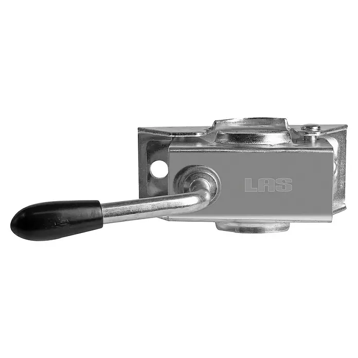 LAS Klemmbügel - Geeignet für: Stützräder - Das Bild zeigt eine LAS-Anhängerkupplung aus Metall mit einem schwarzen Griff vor einem schwarzen Hintergrund. Das Produkt ist robust.
