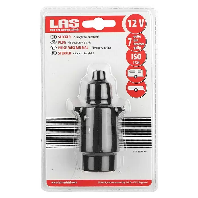 LAS Stecker - 7-polig, 12 V - Schwarzer 7-poliger Anhängerstecker aus schlagfestem Kunststoff für 12V-Systeme.