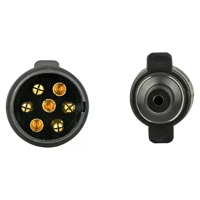 LAS Stecker - 7-polig, 12 V - Schwarzer 7-poliger Anhängerstecker mit Messingkontakten, daneben ein schwarzer einpoliger Stecker.