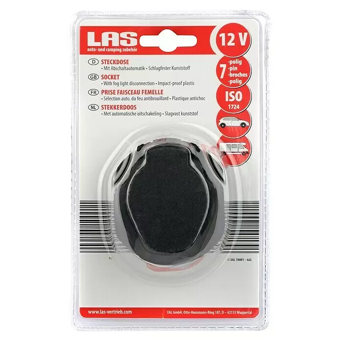 LAS Steckdose - 7-polig, 12 V - Schwarze 7-polige Fahrzeugsteckdose in Blisterverpackung. Für 12V Auto- und Campinganwendungen, ISO 1724 Norm.