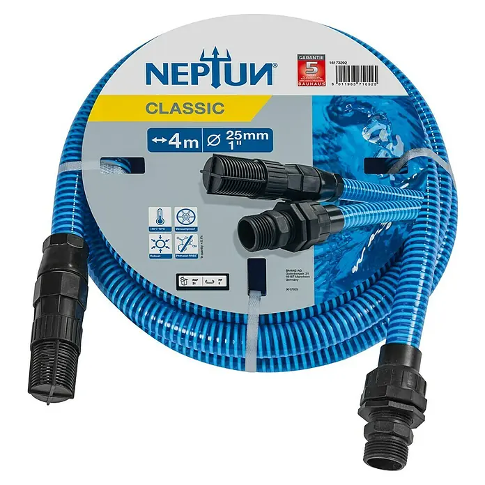 Neptun Saugschlauchgarnitur - 4 m - Abbildung eines Neptun Classic Gartenschlauchs. Der Schlauch ist blau und hat eine Länge von 4 Metern mit Anschlüssen.