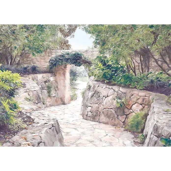 Komar Fototapete Passage - B x H: 350 x 250 cm, Vlies - Ein malerischer Gartenweg führt durch einen steinernen Torbogen, üppig mit Grün bewachsen, umgeben von üppiger Vegetation.