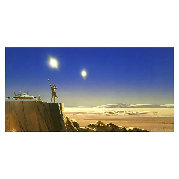 Komar Star Wars Fototapete RMQ Mos Eisley Edge - 10 -tlg., B x H: 500 x 250 cm, Vlies - Tatooine-Landschaft mit Gleiter, Figur und Schütze unter zwei Sonnen am blauen Himmel, eine Hommage an Star Wars: Eine neue Hoffnung.