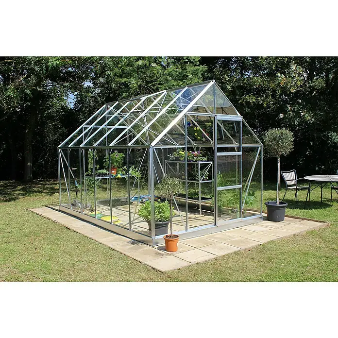 Halls Gewächshaus Universal 128Außenmaß inkl. Dachüberstand (B x T): 257 x 384 cm, Einscheibensicherheitsglas, 3 mm, Aluminium - Ein Gewächshaus aus Glas und Metall, umgeben von Grün. Pflanzen wachsen im Inneren und außerhalb.