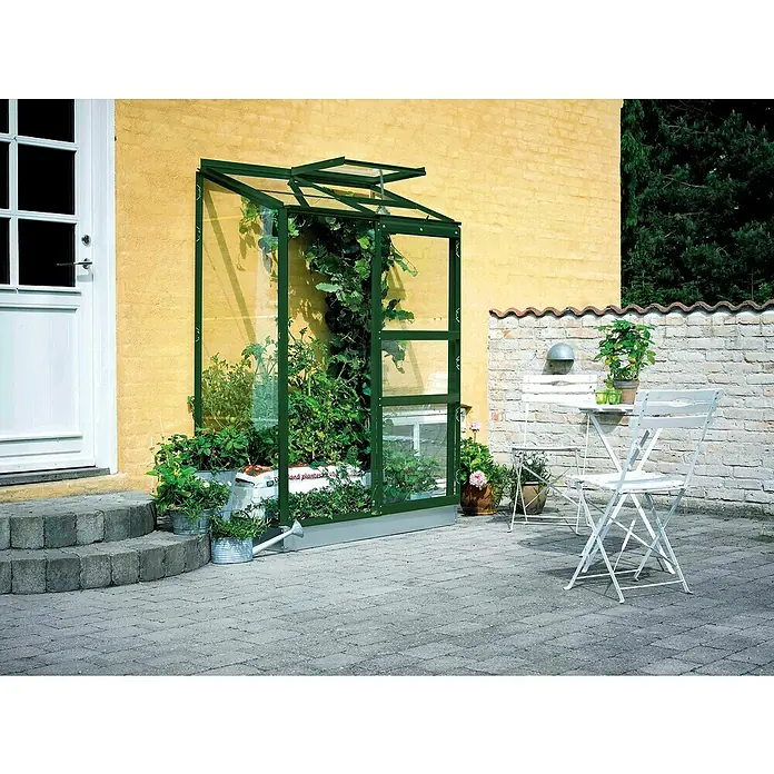 Halls Gewächshaus Altan 2 - Außenmaß inkl. Dachüberstand (B x T): 132 x 69 cm, Material Seitenwand: Glas, Grün - Nahaufnahme eines Anlehngewächshauses mit Pflanzen und Gartenzubehör an einer sonnigen Backsteinmauer.