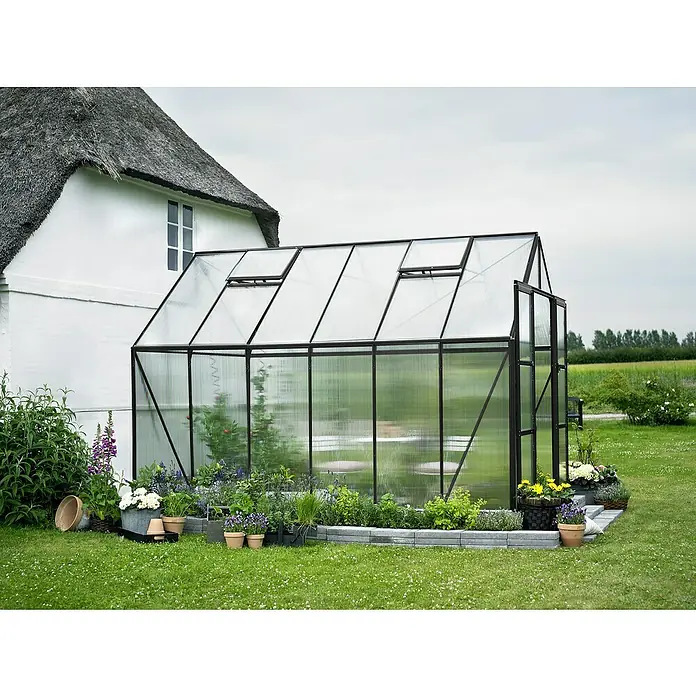 Halls Gewächshaus Magnum 128 - Außenmaß inkl. Dachüberstand (B x T): 257 x 384 cm, Material Seitenwand: Kunststoff, Schwarz - Ein geräumiges Gewächshaus mit schwarzem Rahmen und klaren Paneelen, umgeben von üppigem Grün.
