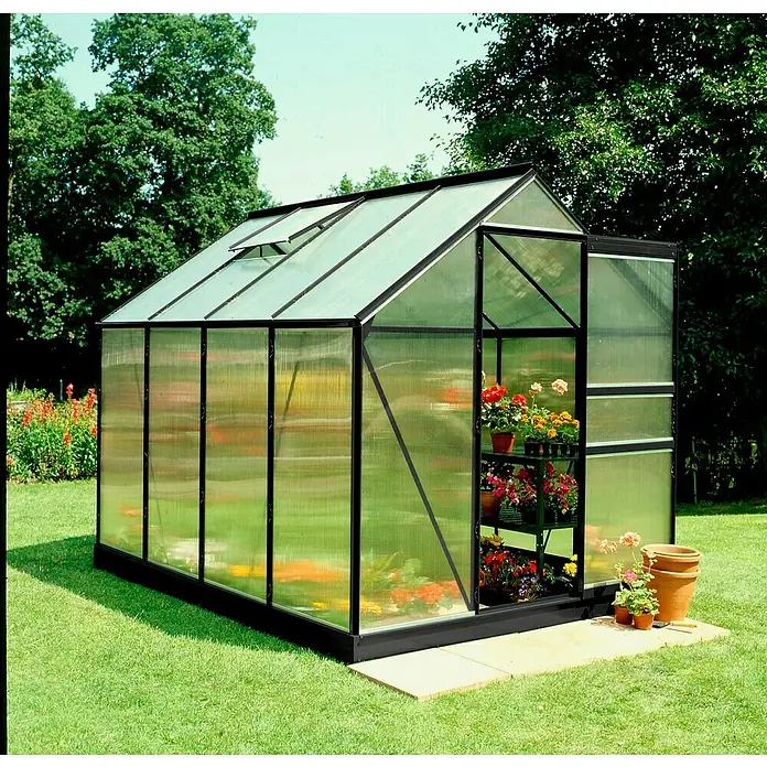 Halls Gewächshaus PopularAußenmaß inkl. Dachüberstand (B x T): 193 x 257 cm, Material Seitenwand: Kunststoff, Schwarz - Ein geräumiges Gewächshaus mit Blumenregalen und Tontöpfen im Garten für Hobbygärtner.