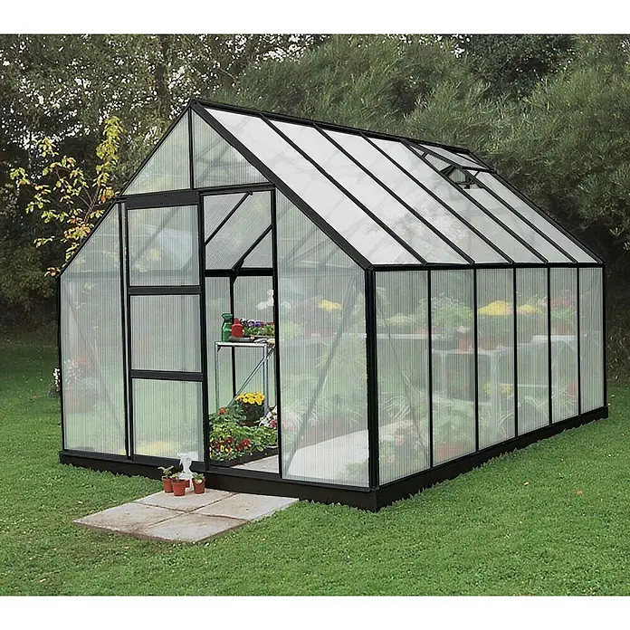 Halls Gewächshaus Universal 128Außenmaß inkl. Dachüberstand (B x T): 257 x 384 cm, Material Seitenwand: Kunststoff, 6 mm, Schwarz - Das Gewächshaus ist aus Metall und Glas gefertigt und bietet so einen sicheren Platz für die Pflanzen. Das moderne Design passt gut in den Garten.