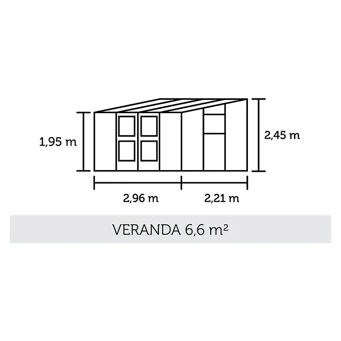 Juliana Gewächshaus Veranda - Außenmaß inkl. Dachüberstand (B x T): 221 x 296 cm, Material Seitenwand: Glas, 3 mm, Anthrazit - Abbildung einer Veranda mit Abmessungen: 1,95 m Höhe an der Vorderseite, 2,45 m Höhe an der Rückseite, 2,96 m Breite und 2,21 m Tiefe.