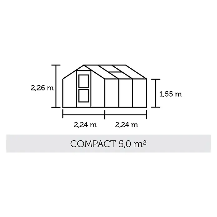 Juliana Gewächshaus Compact - Außenmaß inkl. Dachüberstand (B x T): 224 x 224 cm, Material Seitenwand: Kunststoff, 10 mm, Anthrazit/Schwarz - Abbildung eines Gewächshauses "COMPACT 5,0 m²" mit Maßangaben. Die Gesamthöhe beträgt 2,26 m.
