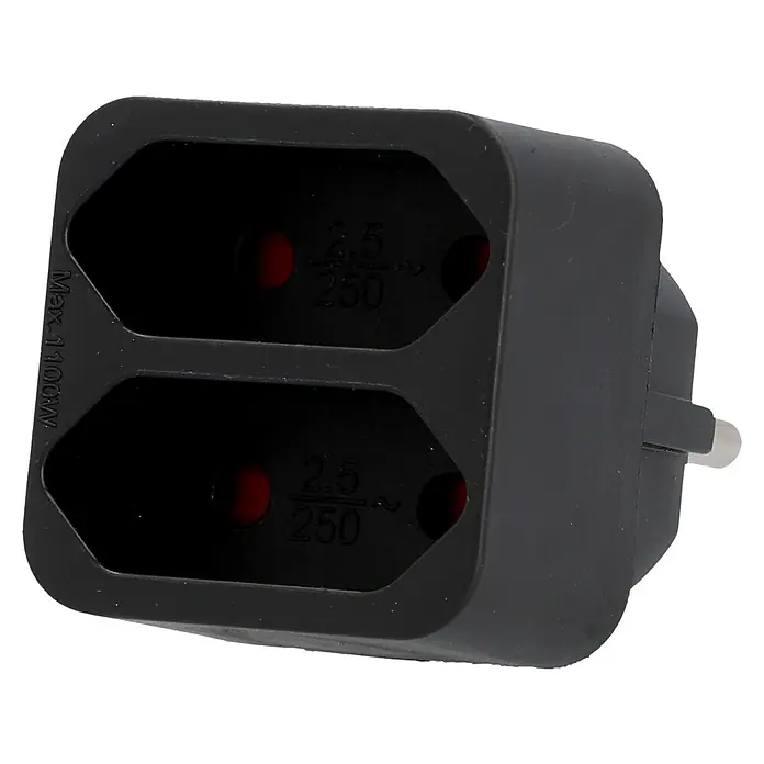 UniTEC Euro-Adapter - Schwarz, Anzahl Steckdosen Euro: 2 Stk., 1.250 W - Nahaufnahme eines schwarzen Reisesteckers mit zwei Steckdosen, der für den internationalen Gebrauch geeignet ist.