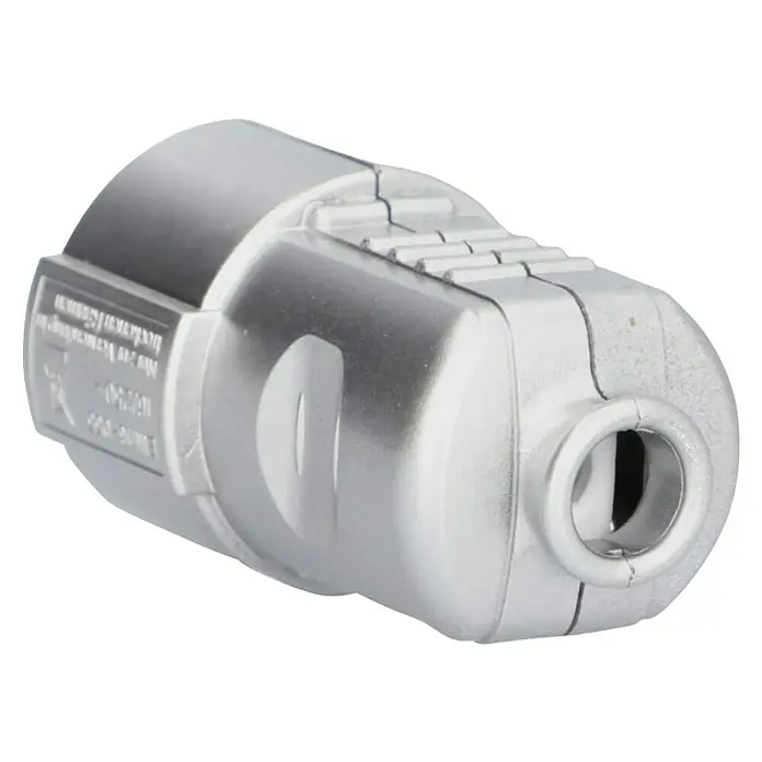 UniTEC Schutzkontakt-Kupplung - Silber, Kunststoff, IP20, 250 V - Nahaufnahme einer silberfarbenen, zweiteiligen Kabelverschraubung mit gerändeltem Griff für sicheren Halt und einfache Installation.