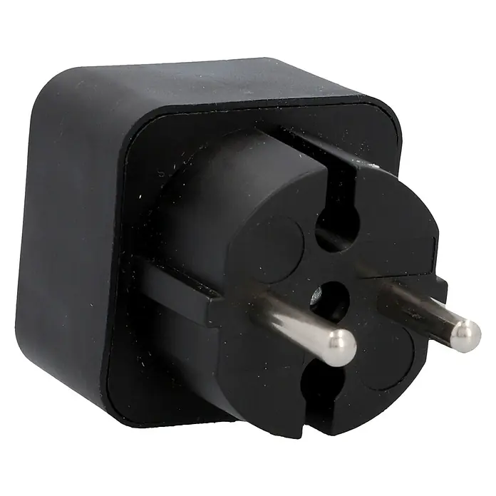 UniTEC Euro-Adapter - Schwarz, Anzahl Steckdosen Euro: 2 Stk., 1.250 W - Eine Nahaufnahme eines schwarzen Reiseadapters mit zwei runden Stiften, ideal für europäische Steckdosen. Praktisch für internationale Reisen.