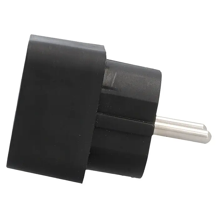 UniTEC Euro-Adapter - Schwarz, Anzahl Steckdosen Euro: 2 Stk., 1.250 W - Nahaufnahme eines schwarzen Eurostecker-Adapters mit zwei runden Stiften für den Einsatz in europäischen Steckdosen.