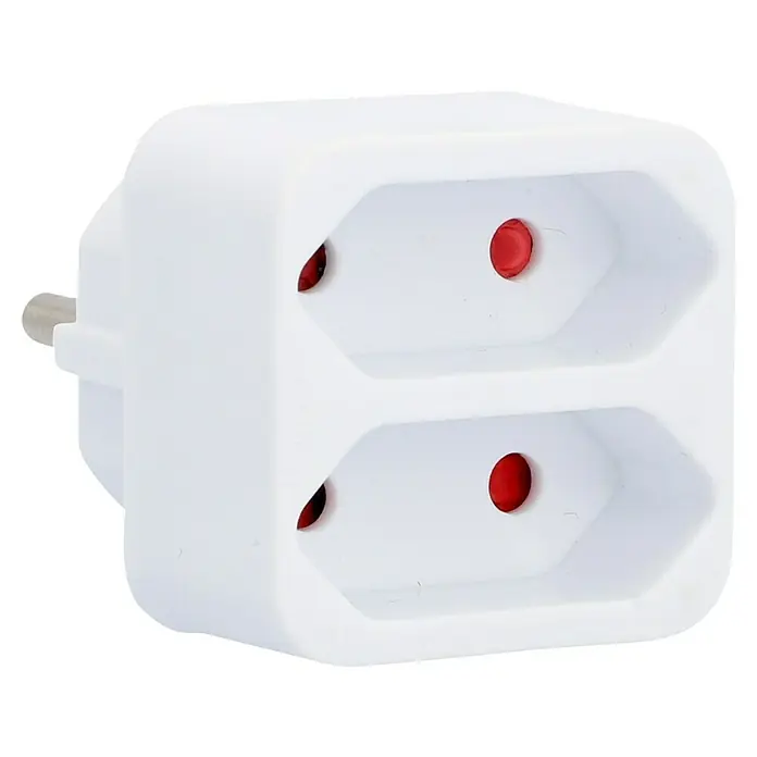 Euro-Adapter - Weiß, Anzahl Steckdosen Euro: 2 Stk., 1.250 W - Weißer Doppelsteckeradapter mit zwei Steckdosen und einem Stecker zur Erweiterung der Anschlussmöglichkeiten elektrischer Geräte.