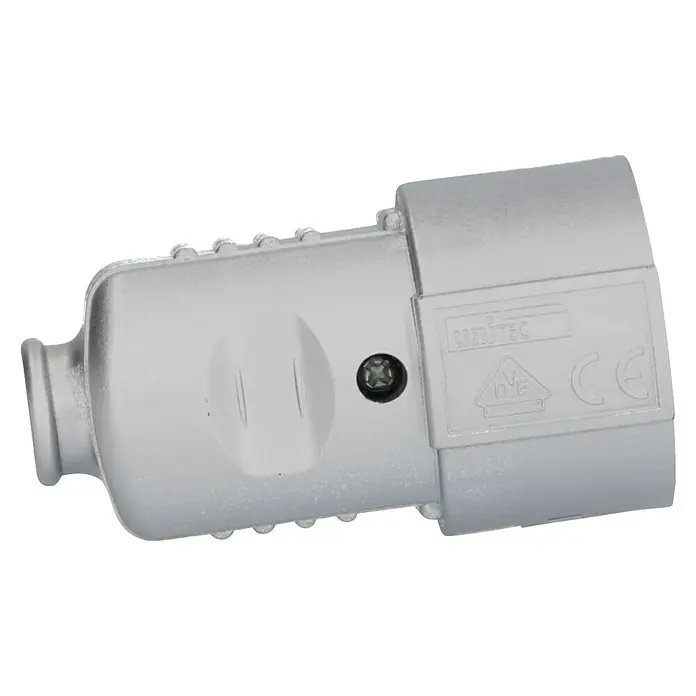 UniTEC Schutzkontakt-Kupplung - Silber, Kunststoff, IP20, 250 V - Stecker für den sicheren Anschluss elektrischer Geräte, robuste Bauweise mit CE-Kennzeichnung und Schraubverschluss.