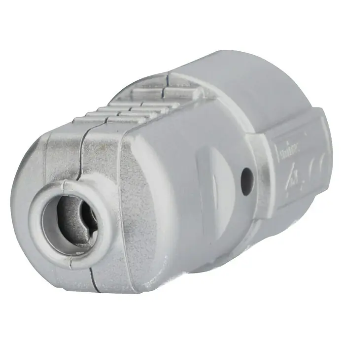 UniTEC Schutzkontakt-Kupplung - Silber, Kunststoff, IP20, 250 V - Graue Kabelverschraubung mit metallischem Innenleben, ideal für sichere elektrische Verbindungen und Kabelmanagement.