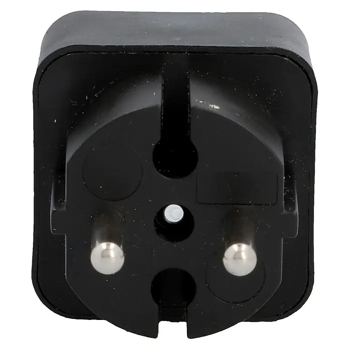 UniTEC Euro-Adapter - Schwarz, Anzahl Steckdosen Euro: 2 Stk., 1.250 W - Nahaufnahme eines schwarzen Eurosteckers, der Adapter für europäische Steckdosen ist. Das Zubehörteil ist kompakt und nützlich.
