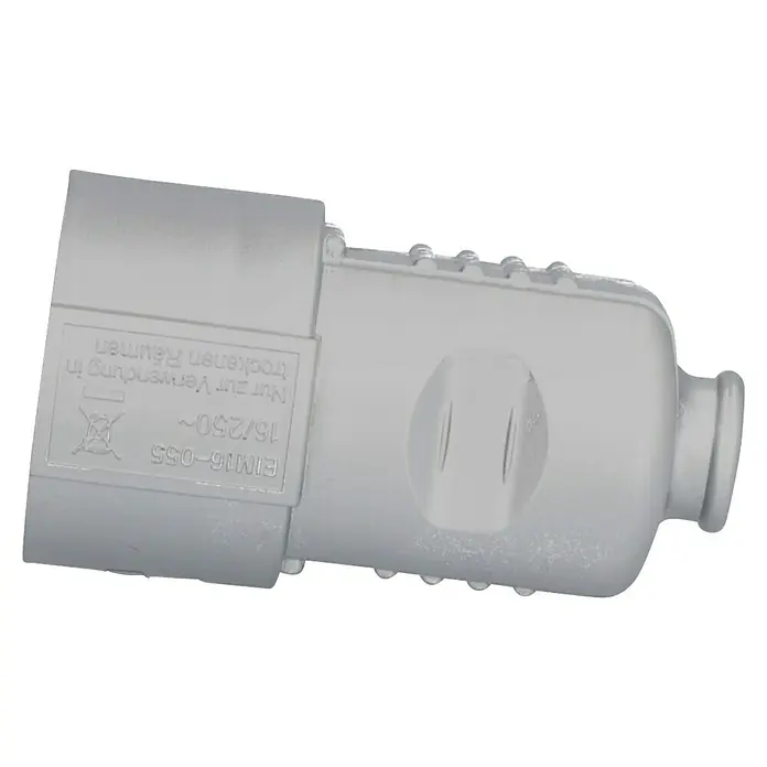 UniTEC Schutzkontakt-Kupplung - Silber, Kunststoff, IP20, 250 V - Ein grauer Schutzkontaktstecker für trockene Räume, geeignet für 16/250V~. Das Modell ist EIM16-055.