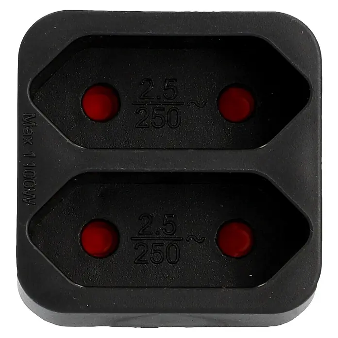 UniTEC Euro-Adapter - Schwarz, Anzahl Steckdosen Euro: 2 Stk., 1.250 W - Nahaufnahme einer schwarzen Doppelsteckdose mit roter Kindersicherung, beschriftet mit "2.5/250" und "Max 1100W".