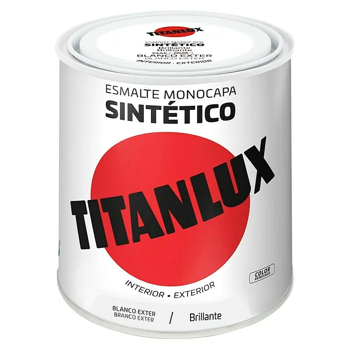 Titanlux Esmalte de color Sintético - Blanco exter, Brillante, 250 ml, Base disolvente - Lata de esmalte sintético monocapa Titanlux, brillante, para interiores y exteriores. Ideal para proyectos de renovación.