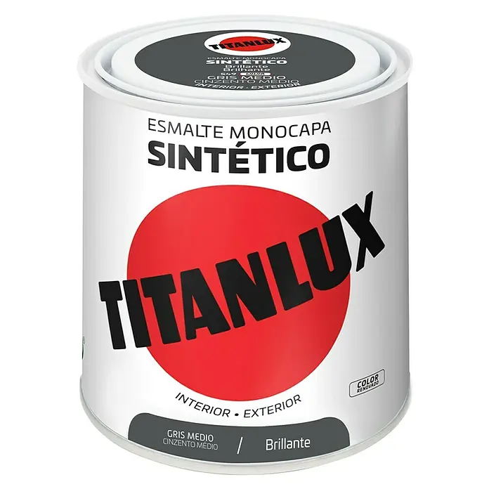 Titanlux Esmalte de color Sintético - Gris medio, Brillante, 250 ml, Base disolvente - Bote de pintura de esmalte monocapa TITANLUX en gris para interiores y exteriores. Acabado brillante para renovación.