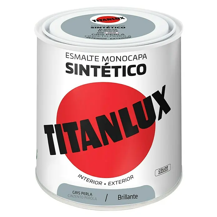 Titanlux Esmalte de color Sintético - Gris perla, Brillante, 250 ml, Base disolvente - Esmalte sintético monocapa TITANLUX en gris perla. Ideal para interiores y exteriores, con gran cobertura y un acabado brillante.