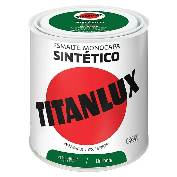 Titanlux Esmalte de color Sintético - Verde hierba, Brillante, 250 ml, Base disolvente - Bote de esmalte sintético monocapa Titanlux, color verde hierba, acabado brillante, apto para interiores y exteriores. Para proyectos de renovación.