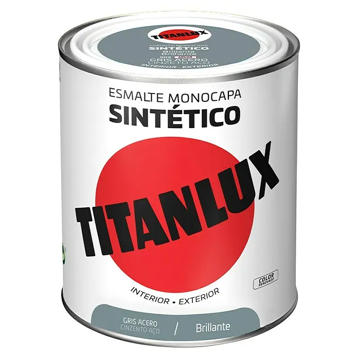 Titanlux Esmalte de color Sintético - Gris acero, Brillante, 750 ml, Base disolvente - Bote de esmalte sintético monocapa Titanlux en gris acero, brillante para interior y exterior. Pintura de alta calidad para aplicaciones versátiles.