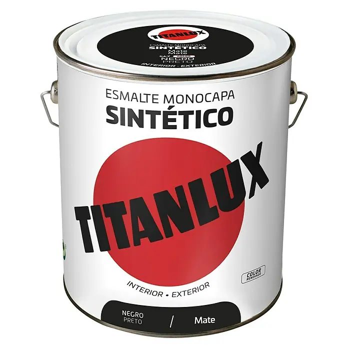 Titanlux Esmalte de color Sintético - Negro, Mate, 4 l, Base disolvente - Un bote de esmalte sintético monocapa Titanlux en negro mate para interiores y exteriores. Perfecto para diversas aplicaciones.