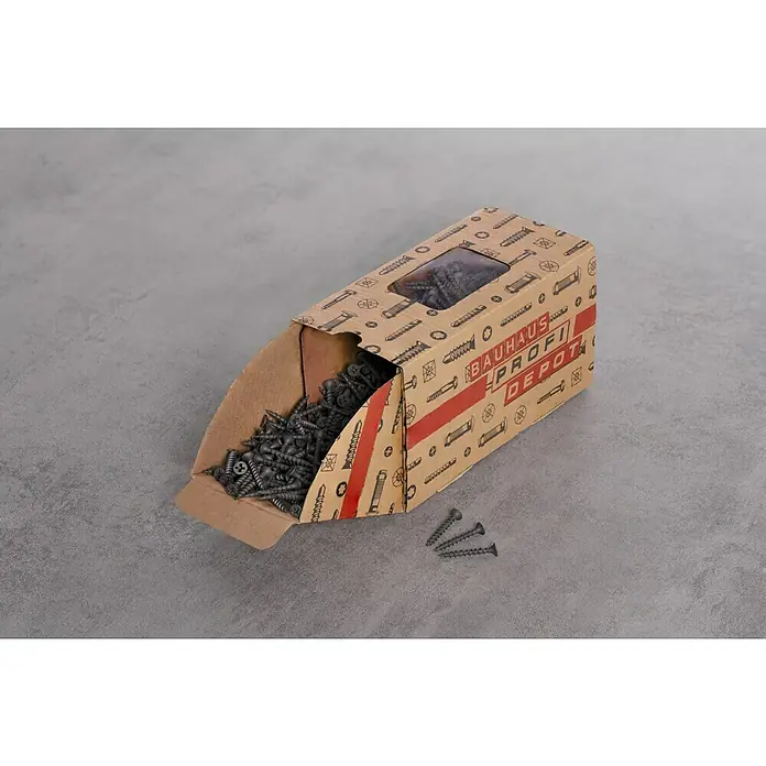 Profi Depot Schnellbauschraube - Durchmesser: 3,9 mm, Länge: 35 mm, Senkkopf, Grobgewinde, 1.000 Stk. - Eine geöffnete Packung BAUHAUS Profi Depot Schrauben. Die Schrauben sind schwarz und liegen sowohl in der Packung als auch daneben.