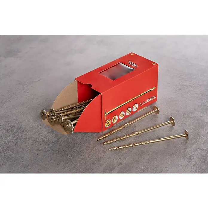 Profi Depot Tornillo para madera TX - Cabeza de arandela, TX para accionamientos TORX, 25 ud., Ø x L: 8 x 180 mm - Imagen de un paquete de tornillos TurboDRILL.