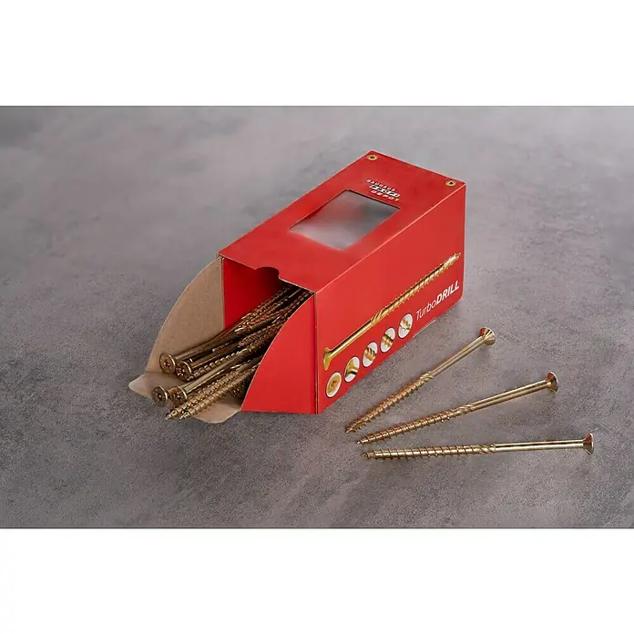 Profi Depot Tornillo para madera TX - Cabezal avellanado, TX para accionamientos TORX, 50 ud., Ø x L: 8 x 160 mm - Una caja de tornillos TurboDRILL de BAUHAUS PRO DEPOT mostrada sobre una superficie gris.