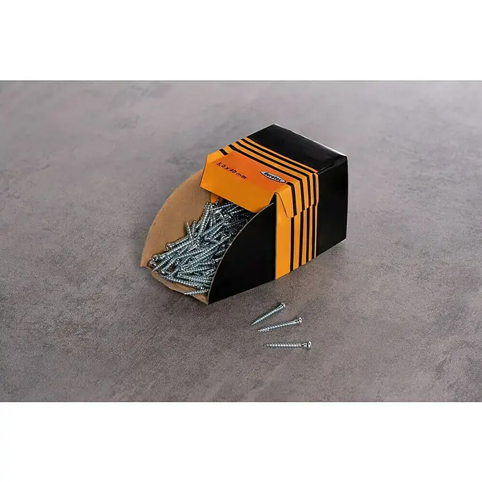 Eurotec Winkelbeschlagsschraube - Ø x L: 5 x 40 mm, TX für TORX-Antriebe, 250 Stk. - Eine Schachtel Eurotec Schrauben der Größe 5,0 x 40 mm steht offen auf einem grauen Untergrund, einige Schrauben liegen daneben.