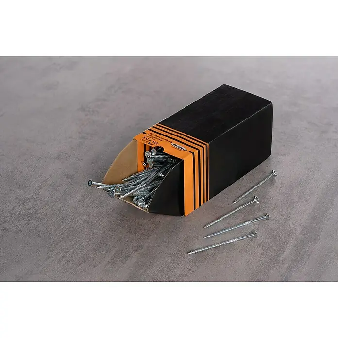 Eurotec Senkkopfschraube Paneltwistec AG - Ø x L: 5 x 100 mm, Stahl gehärtet, 200 Stk., Teilgewinde - Eine Schachtel Holzschrauben des Typs 5,0 x 100 mm, die aus der Packung herausragen, auf einer grauen Oberfläche.