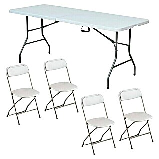 Mesa de jardín Every 180 + silla plegable Every (L x An x Al: 180 x 75 x 74 cm, Poliresina, HDPE/Acero, Blanco)