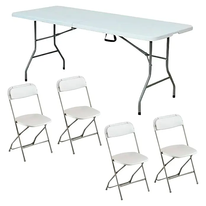 Mesa de jardín Every 180 + silla plegable Every - L x An x Al: 180 x 75 x 74 cm, Poliresina, HDPE/Acero, Blanco - Mesa plegable con cuatro sillas plegables a juego. Ideal para eventos y fiestas, práctico y ahorra espacio.
