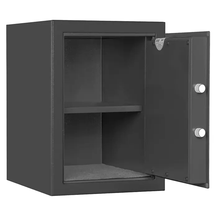 Format Munitionsschrank MNS 210 - Doppelbart-Hochsicherheitsschloss, L x B x H: 380 x 300 x 420 mm - Ein grauer Tresor mit offener Tür und einem Regalbrett im Inneren, ideal für die sichere Aufbewahrung von Wertgegenständen.