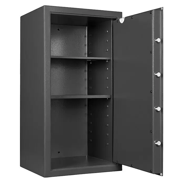 Format Munitionsschrank MNS 810 - Doppelbart-Hochsicherheitsschloss, L x B x H: 380 x 420 x 806 mm - Offener dunkelgrauer Metalltresor mit zwei verstellbaren Einlegeböden und silbernen Riegeln an der Tür.
