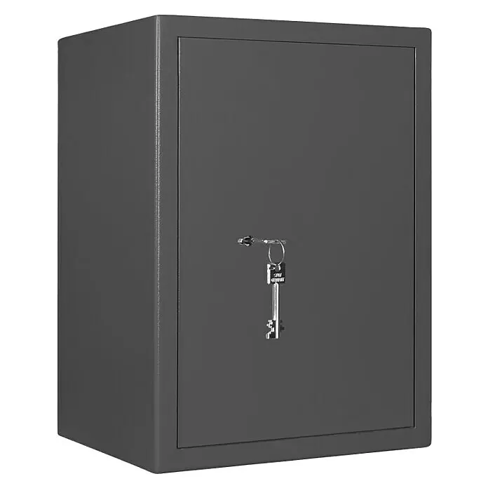 Format Munitionsschrank MNS 610 - Doppelbart-Hochsicherheitsschloss, L x B x H: 380 x 420 x 606 mm - Grauer Metalltresor mit einem Schlüssel im Schloss.