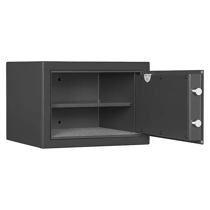 Format Munitionsschrank MNS 410 - Doppelbart-Hochsicherheitsschloss, L x B x H: 380 x 420 x 300 mm - Dunkelgrauer Tresor mit geöffneter Tür, zwei Einlegeböden und silbernen Schließbolzen.