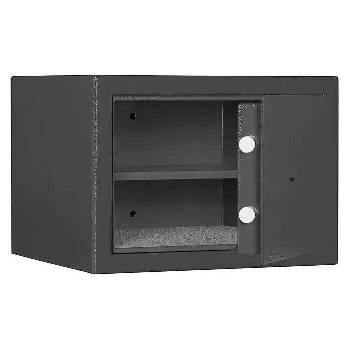 Format Munitionsschrank MNS 410 - Doppelbart-Hochsicherheitsschloss, L x B x H: 380 x 420 x 300 mm - Anthrazitfarbener Metallsafes mit offener Tür, der zwei Ablagen und eine Filzverkleidung im Inneren zeigt.