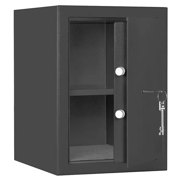 Format Munitionsschrank MNS 210 - Doppelbart-Hochsicherheitsschloss, L x B x H: 380 x 300 x 420 mm - Abgebildeter offener Möbeltresor in dunkler Farbe mit Schlüssel und zwei Knäufen an der Tür.
