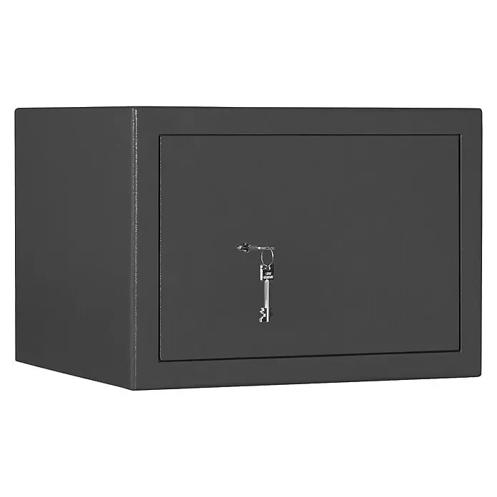 Format Munitionsschrank MNS 410 - Doppelbart-Hochsicherheitsschloss, L x B x H: 380 x 420 x 300 mm - Dunkelgrauer Metalltresor mit einem im Schloss steckenden Schlüssel.