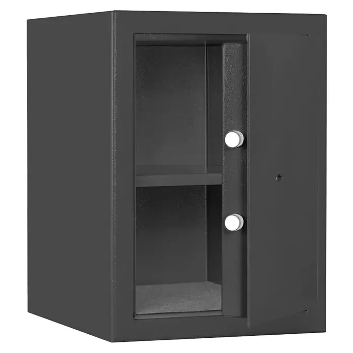 Format Munitionsschrank MNS 210 - Doppelbart-Hochsicherheitsschloss, L x B x H: 380 x 300 x 420 mm - Offener Safe mit zwei Regalen und einer grauen Innenausstattung für sichere Aufbewahrung von Wertgegenständen.
