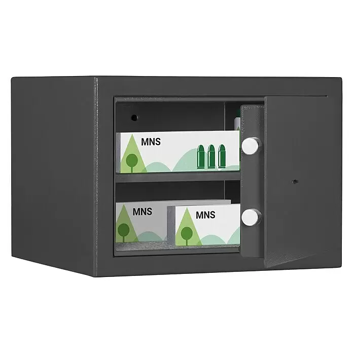 Format Munitionsschrank MNS 410 - Doppelbart-Hochsicherheitsschloss, L x B x H: 380 x 420 x 300 mm - Dunkelgrauer Metalltresor, geöffnet, mit zwei Regalen und MNS-beschrifteten Boxen, teils mit Patronen.