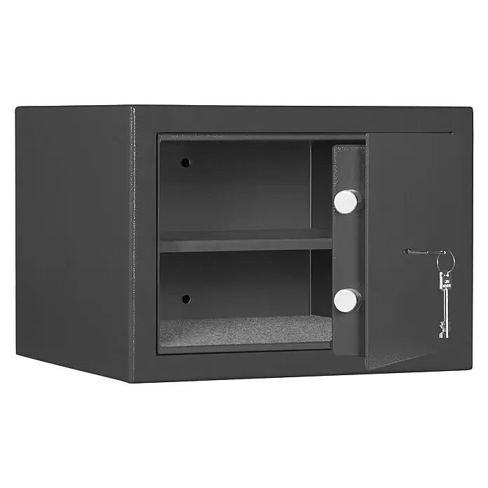 Format Munitionsschrank MNS 410 - Doppelbart-Hochsicherheitsschloss, L x B x H: 380 x 420 x 300 mm - Offener dunkelgrauer Metalltresor mit zwei Innenfächern und Schlüsseln an der Tür.