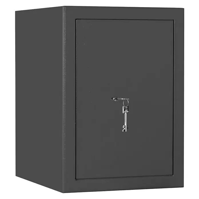 Format Munitionsschrank MNS 210 - Doppelbart-Hochsicherheitsschloss, L x B x H: 380 x 300 x 420 mm - Grauer Tresor mit einem Schlüssel, der im Schloss steckt. Bietet Sicherheit für Wertgegenstände und Dokumente.